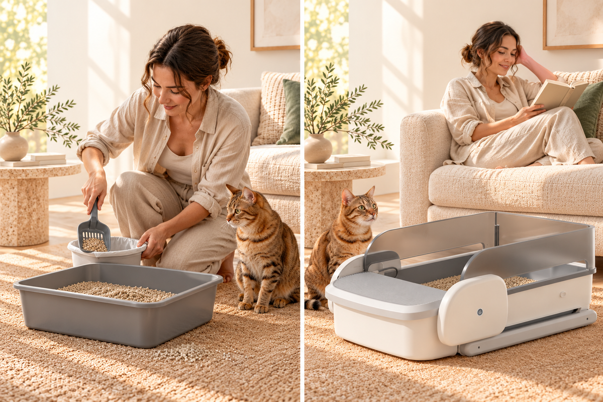 Lifestyle comparison: manual scooping with a standard tray and automatic litter care with Mewlow.