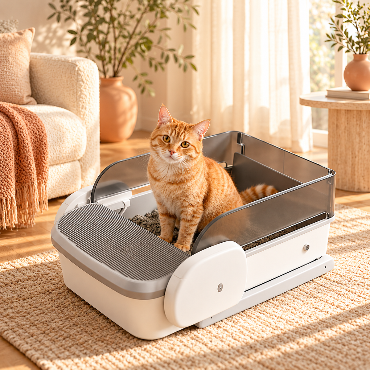 Ginger cat in Mewlow open-top litter box.