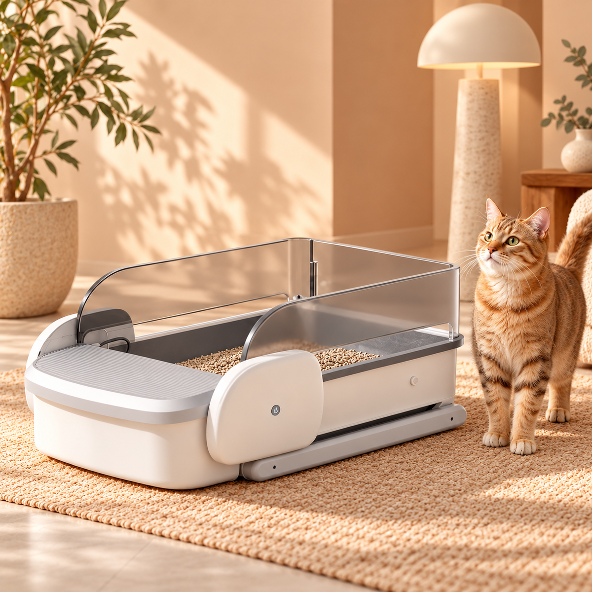 Mewlow open litter box and cat in warm apricot interior.
