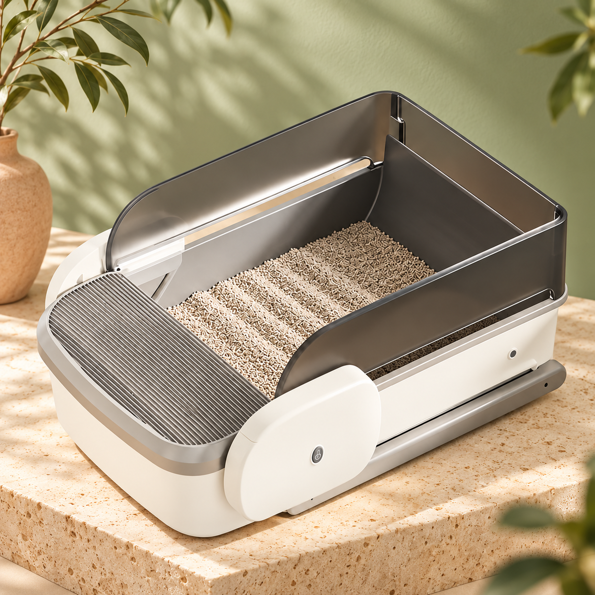 Mewlow automatic litter box on travertine with sage backdrop.