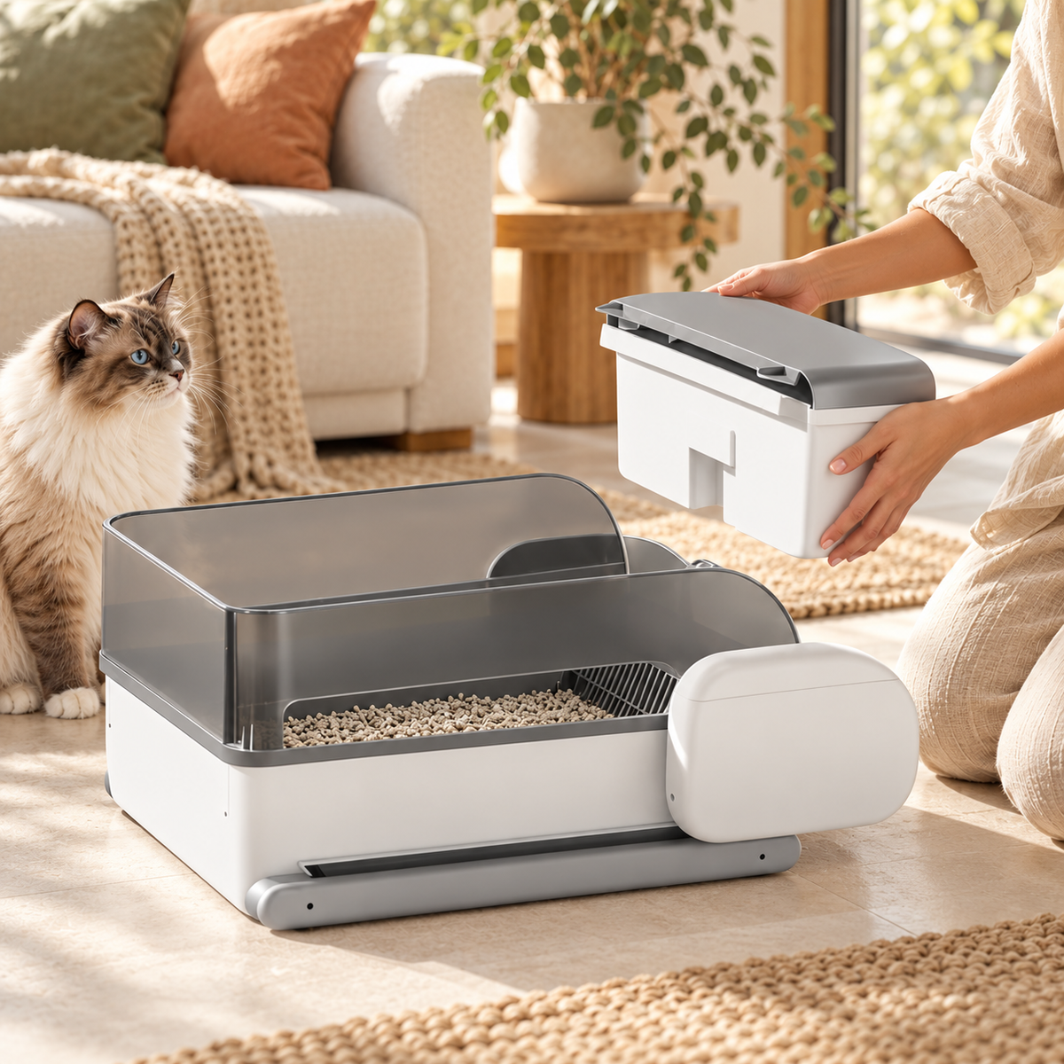 Removable waste container held above Mewlow litter box.