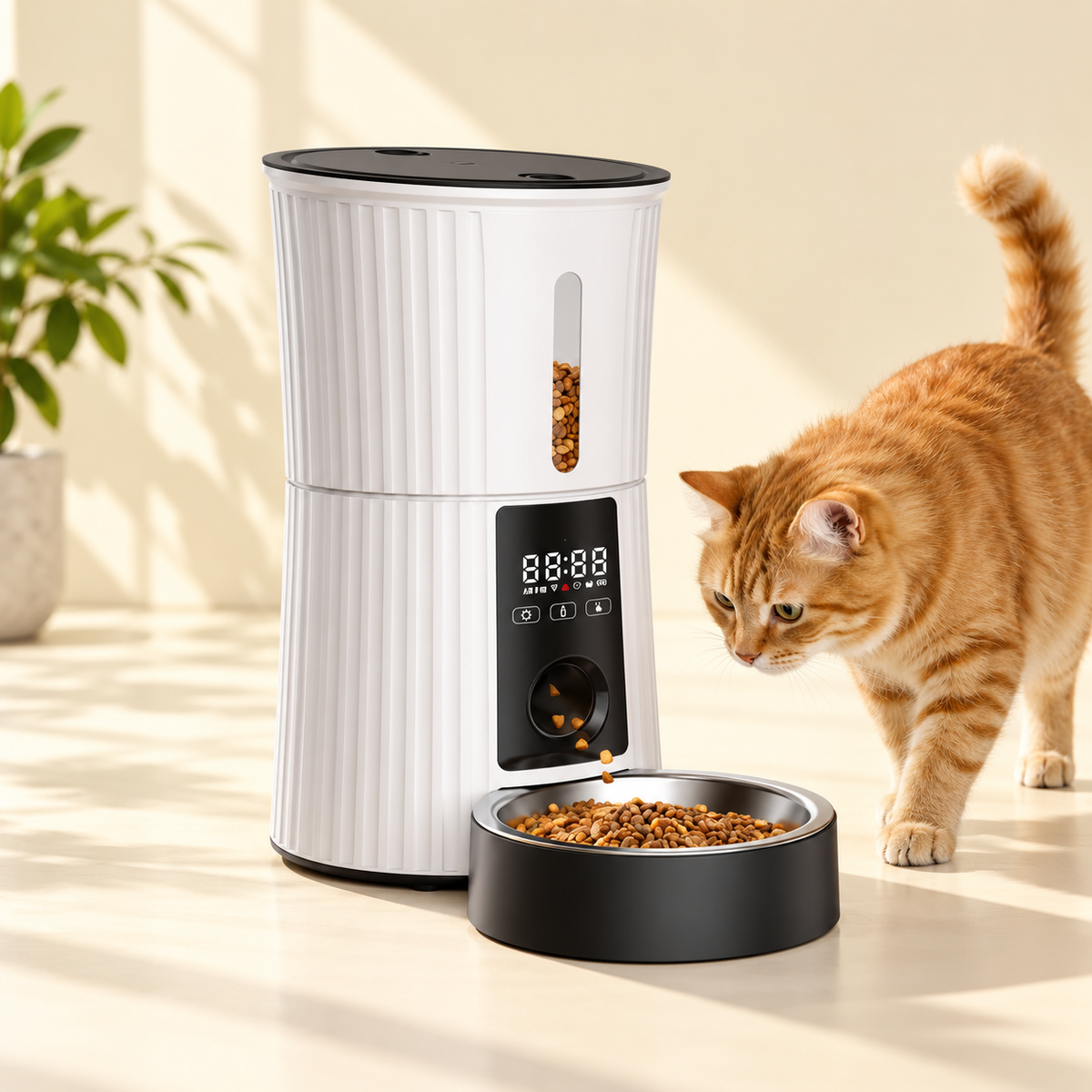 Mewlow feeder with a cat in a soft pastel setting