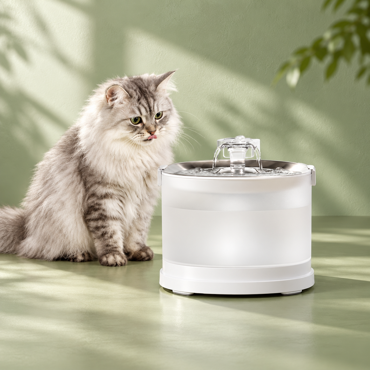 Mewlow fountain with a cat in a soft pastel setting