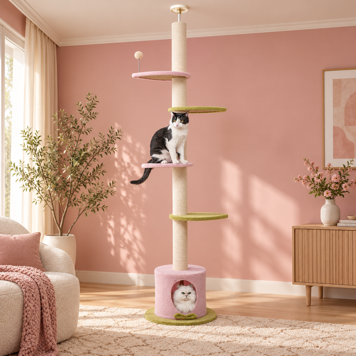 Mewlow tree with a cat in a soft pastel setting