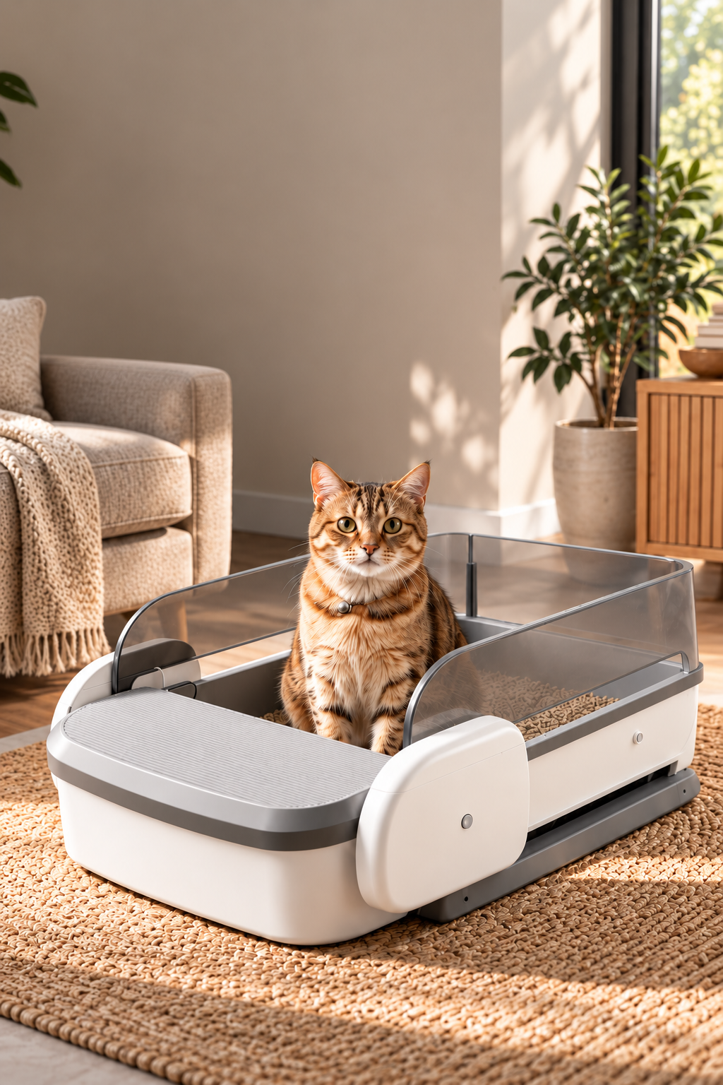Ginger cat in an automatic litter box in a warm sunlit living room